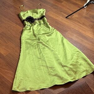 DaVinci Lime Green Spaghetti Strap A-Line Dress with Brown Waistband